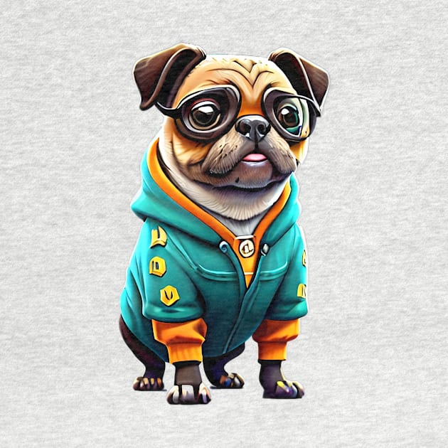 Cute Pug in Green Hoodie - Adorable Nerdy Dog T-shirt Design by fur-niche